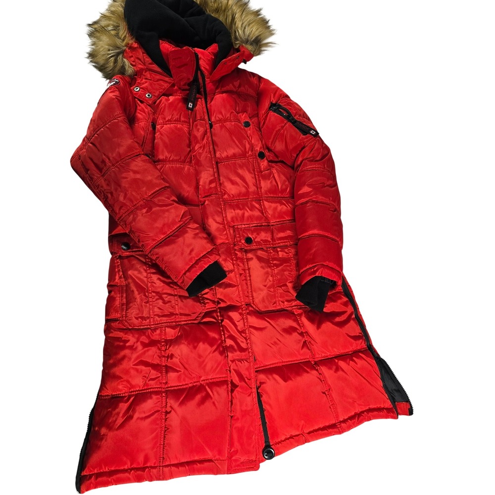 Canada Weathergear Womens Red Long Puffer Parka Faux Fur Hood OLCW516 Size M